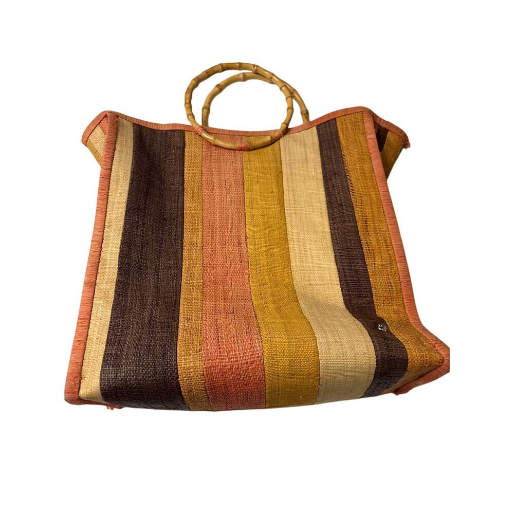 Flora Bella Striped Orange, Yellow & Brown Woven Tote with Bamboo Handles *read*